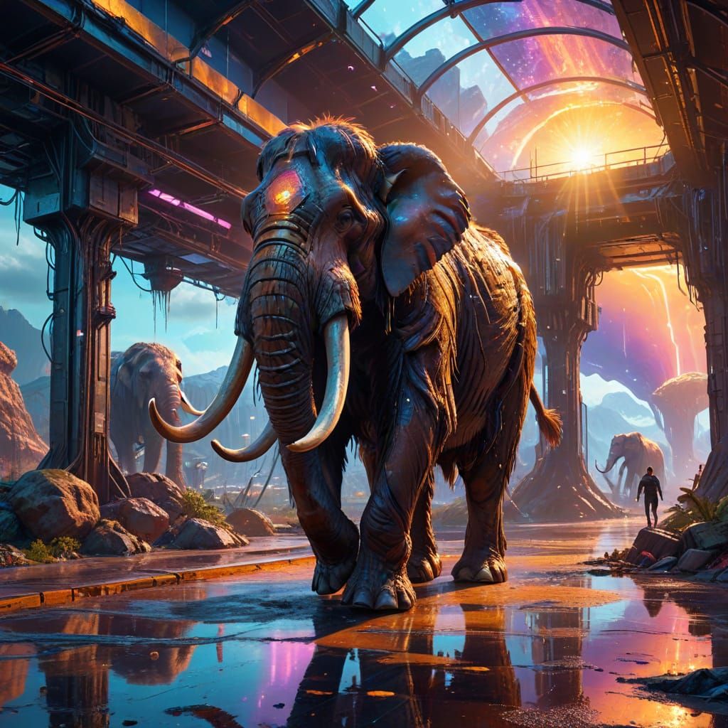 Mammoth in Futuristic Spaceport: Hyperrealistic Concept Art