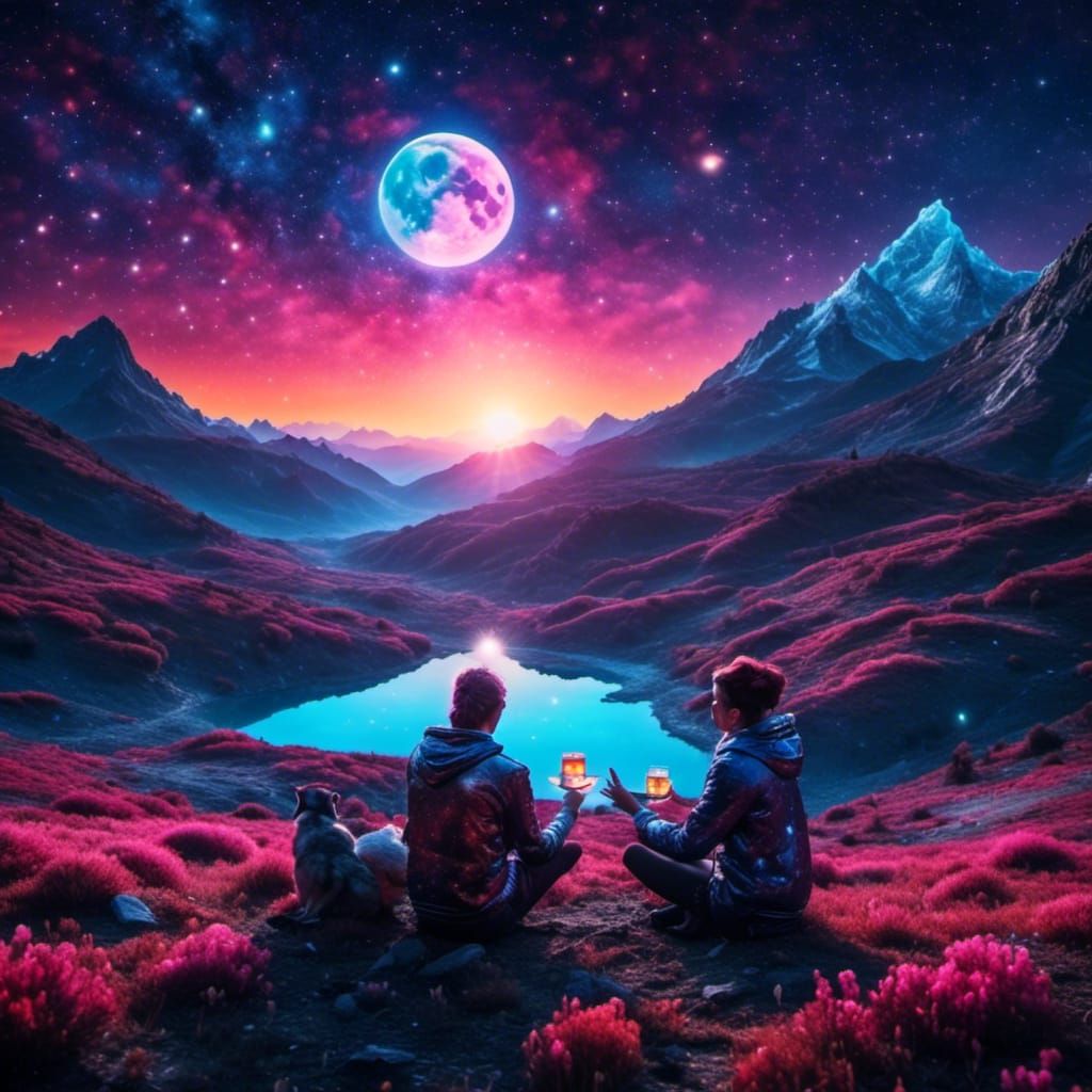 Sunrise Cup Amidst Colorful Stars and Mountains