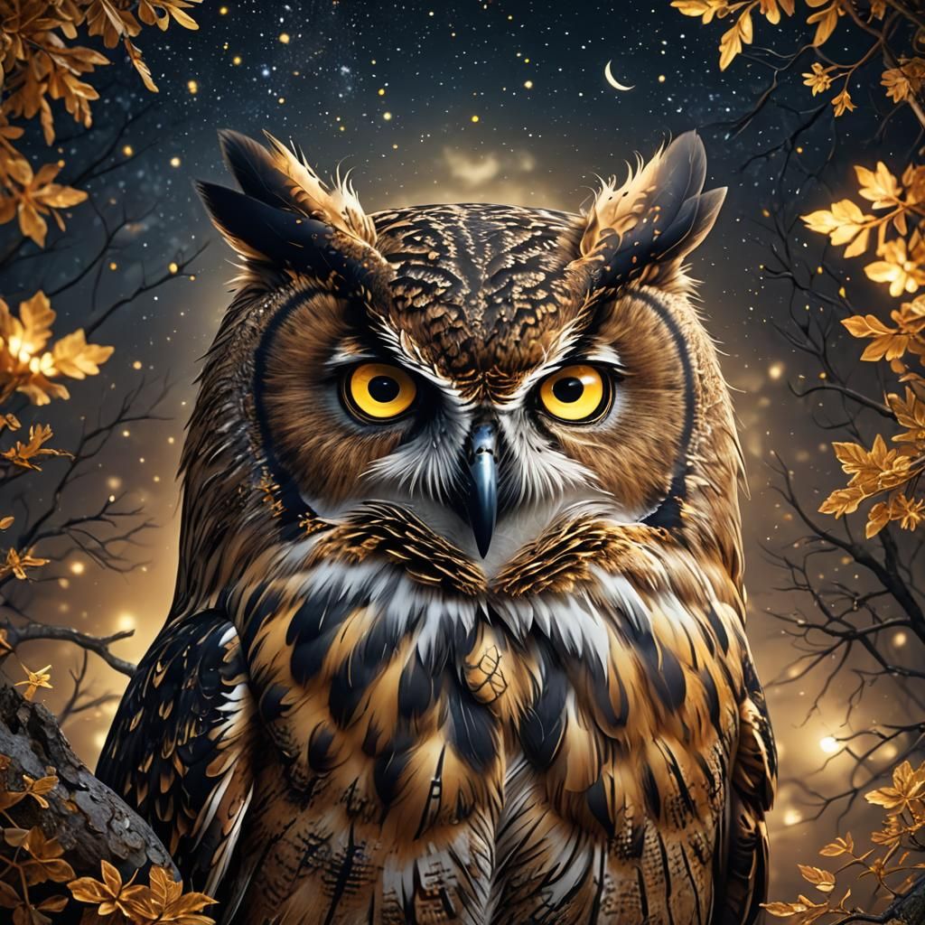"the majestic face of an owl at night with bright golden eyes, HDR, intricate, starry sky, 16K ultra HD, high-resolution...