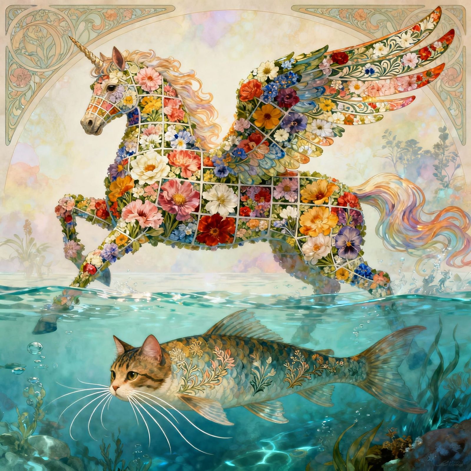 Winged Pegasus & Catfish in Floral Ecosystem Digital Paintin...
