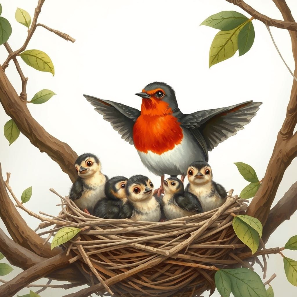 Robin Teaches Chicks to Fly: Whimsical Bird Illustration
