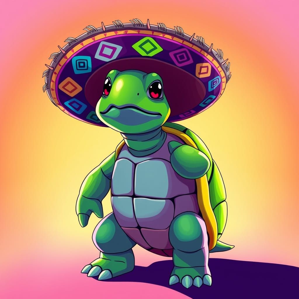 Turtle with Sombrero in Cel-Shaded Manga Style