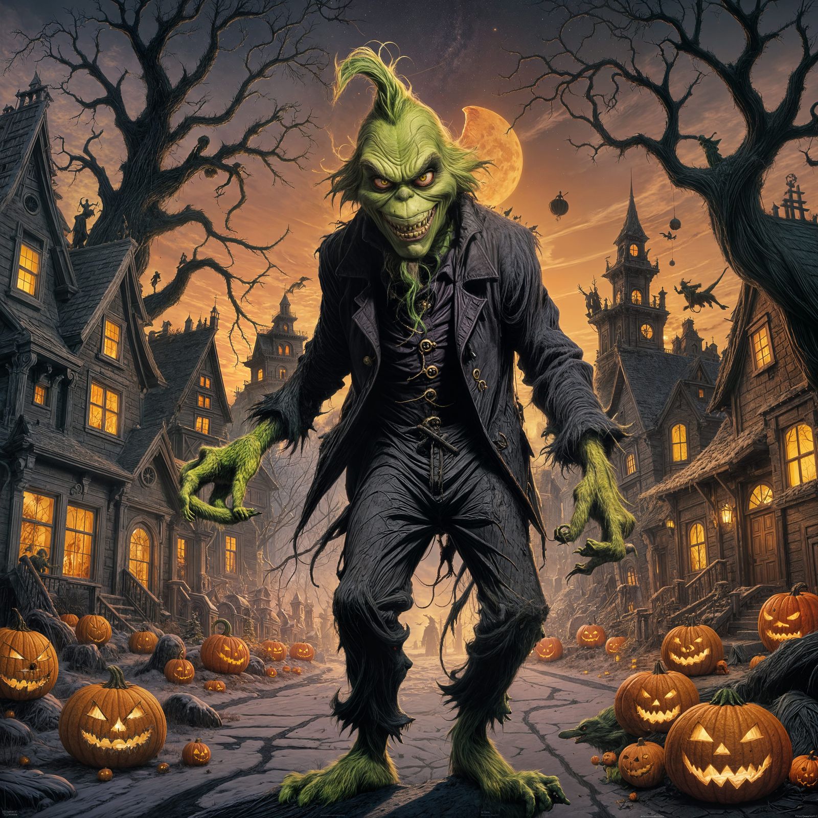Grinch Steals Halloween in Horror Art Style