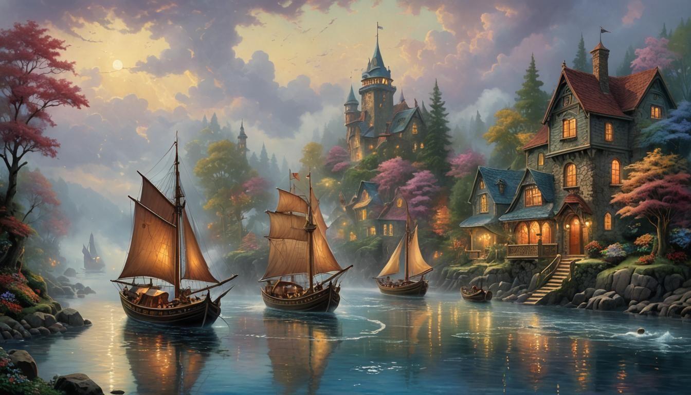 Ethereal Fantasy Boats in Misty Landscape
