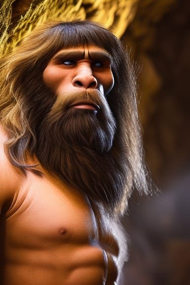 Handsome Neanderthal Caveman Portrait in Cave