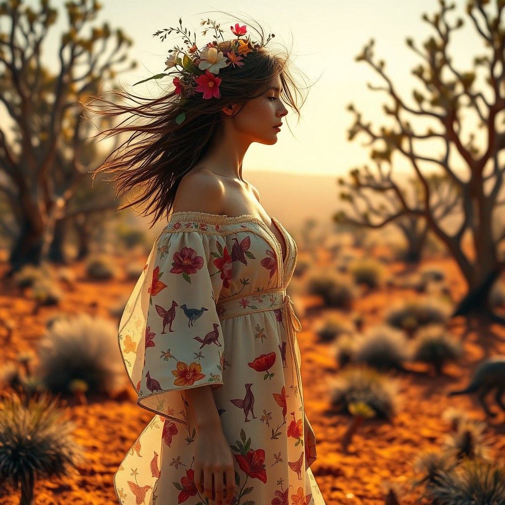 Australian Outback Woman in Embroidered Dress