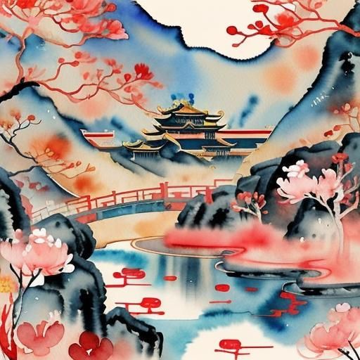 Lunar New Year: Abstract Watercolor Chinese Landscape