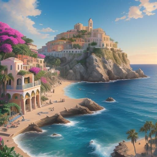 Vivid Mediterranean Coastline with Intricate Architecture