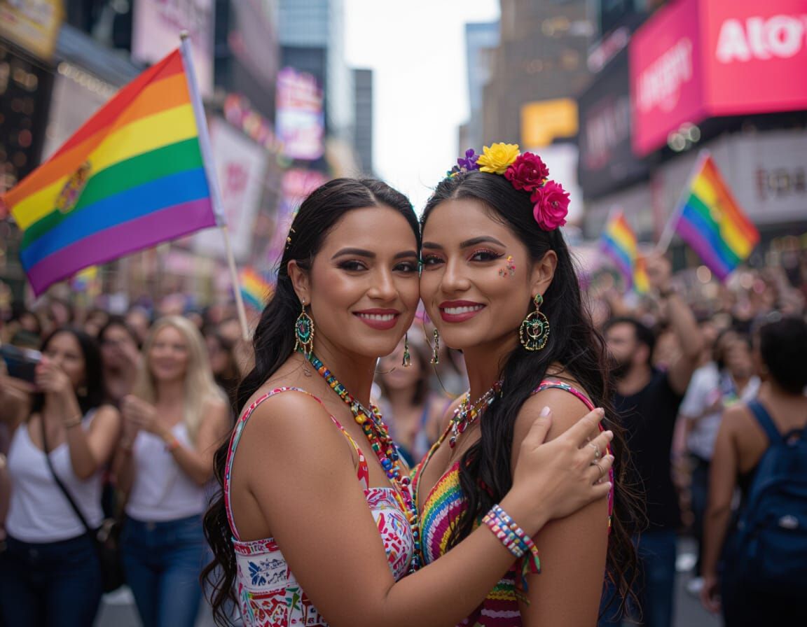 Mexican Lesbian Couple at Pride Parade in Vibrant Photo