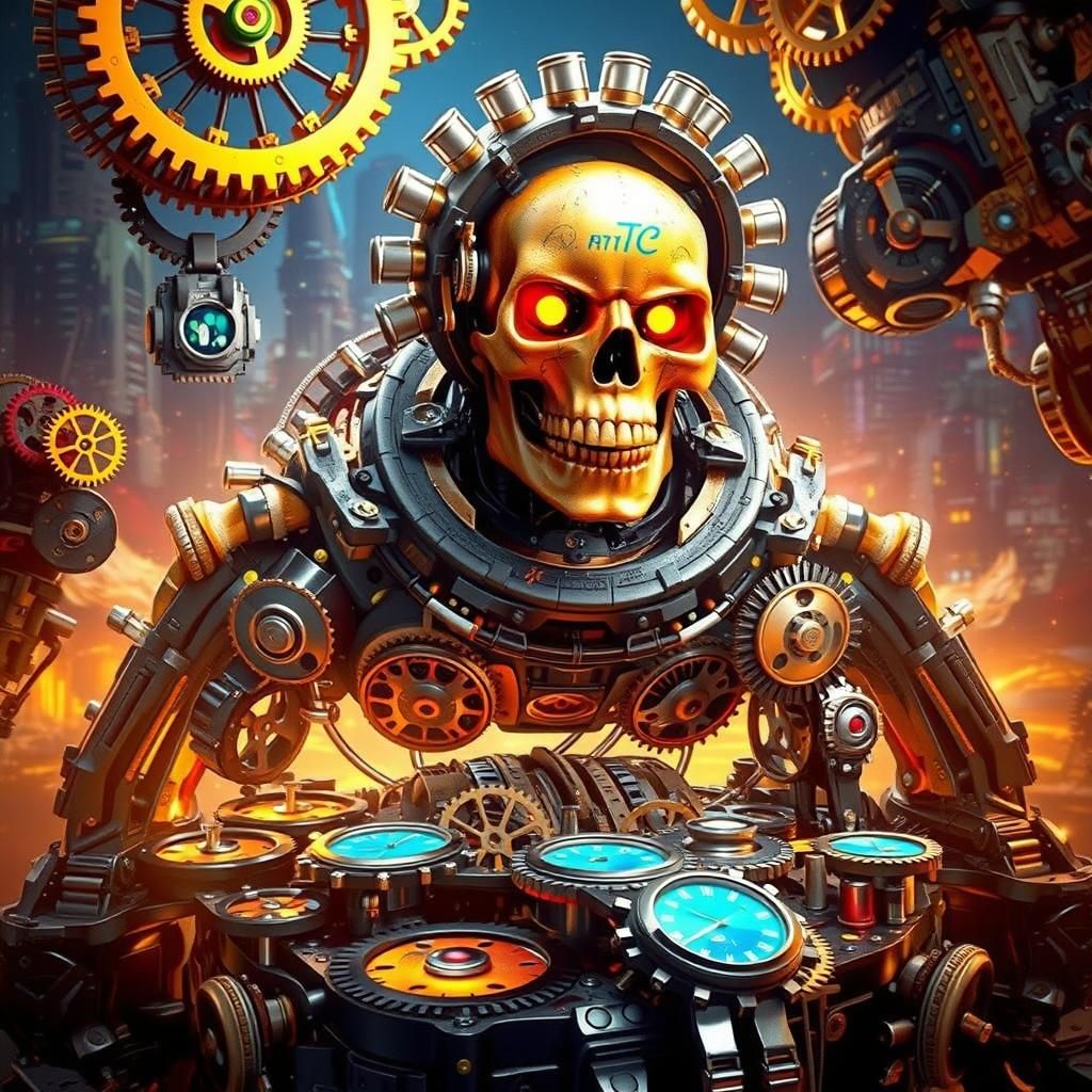 Mechanical Skull in High-Contrast 3D Rendering