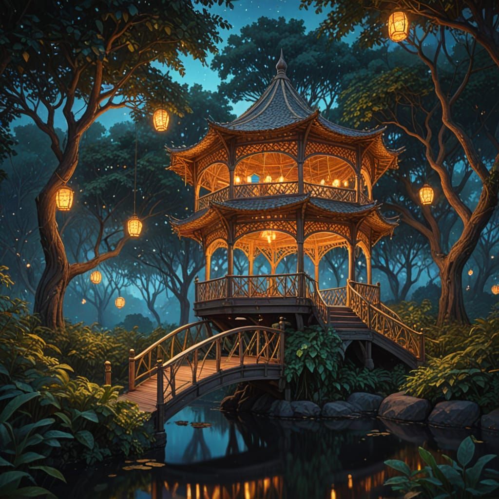 Fantasy Wicker Pavilion in Treetops at Twilight