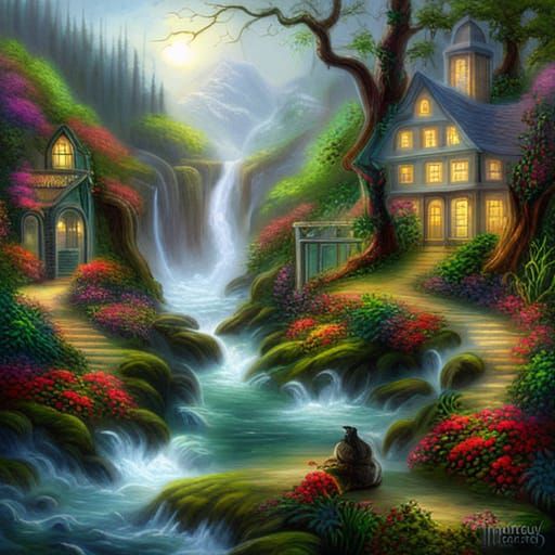 Ethereal Fantasy Jungle in Kinkade Style