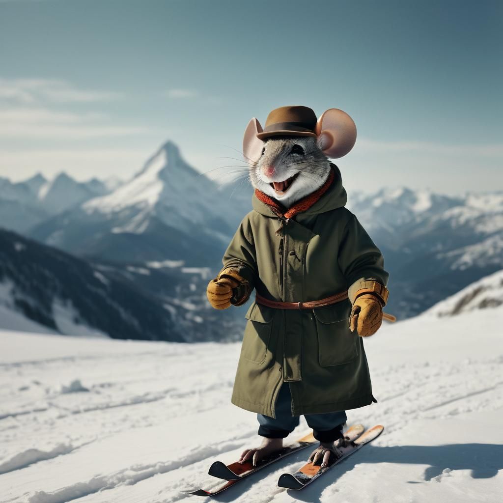 Cinematic Mouse Skier on Snowy Mountain