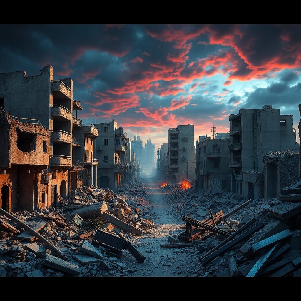 Devastated Gaza Streets in Cyberpunk-Inspired Matte Painting