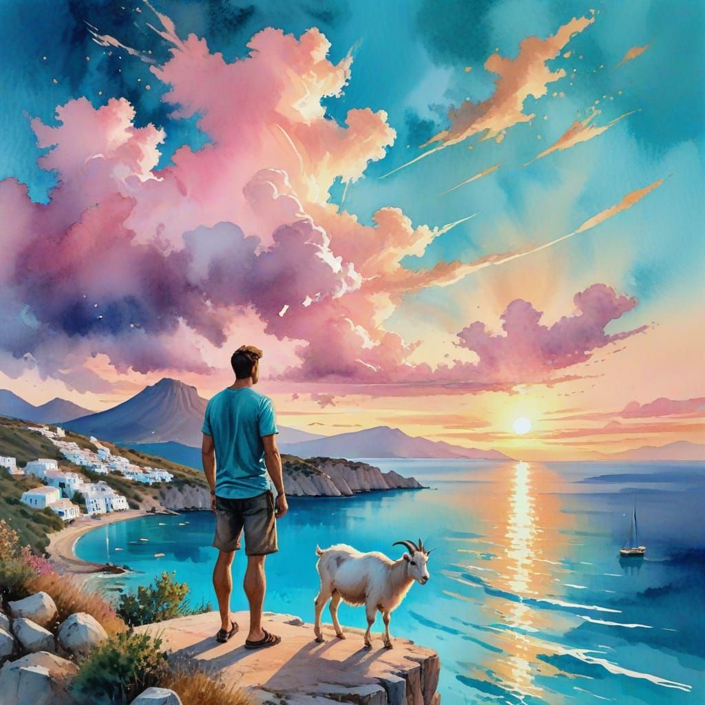 Romantic Sunset in Greece with Couple, Watercolor Sketch