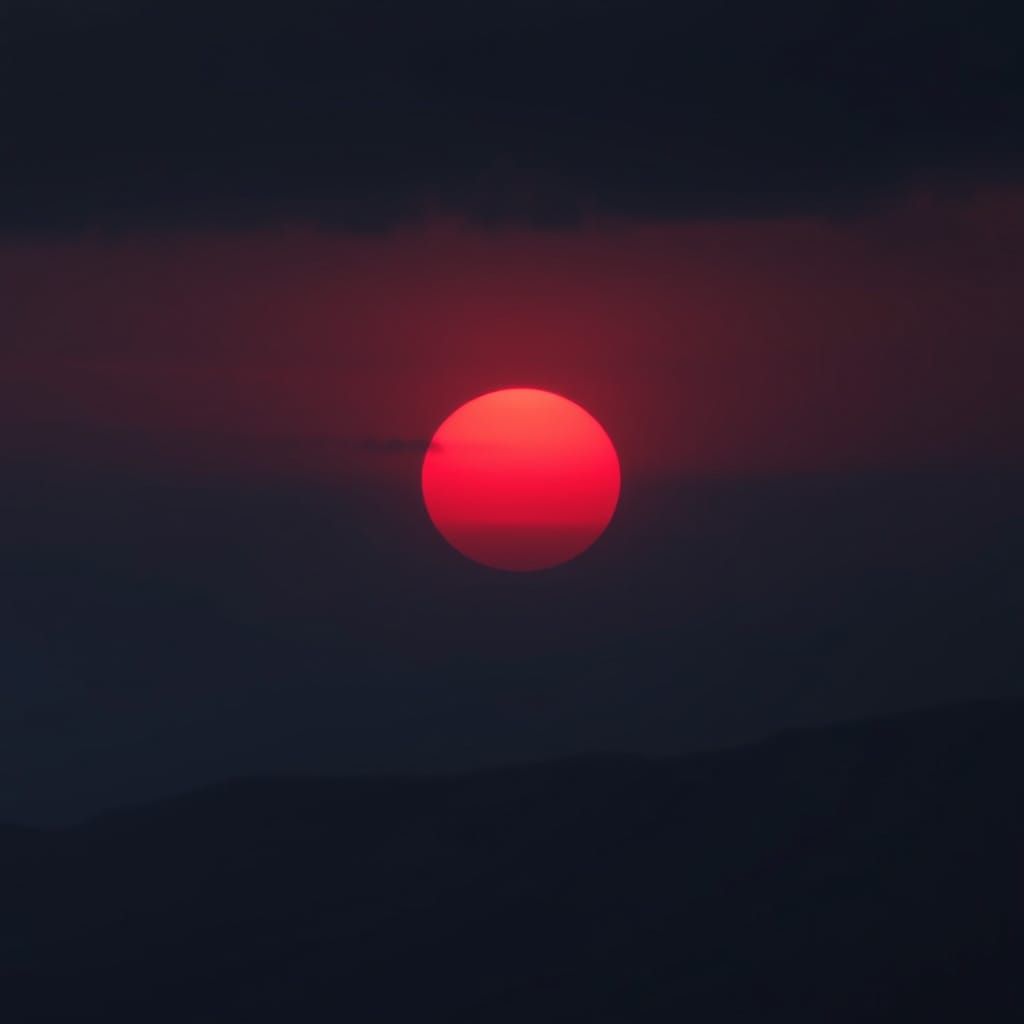 Ethereal Red Sunrise Amid Dark Skies