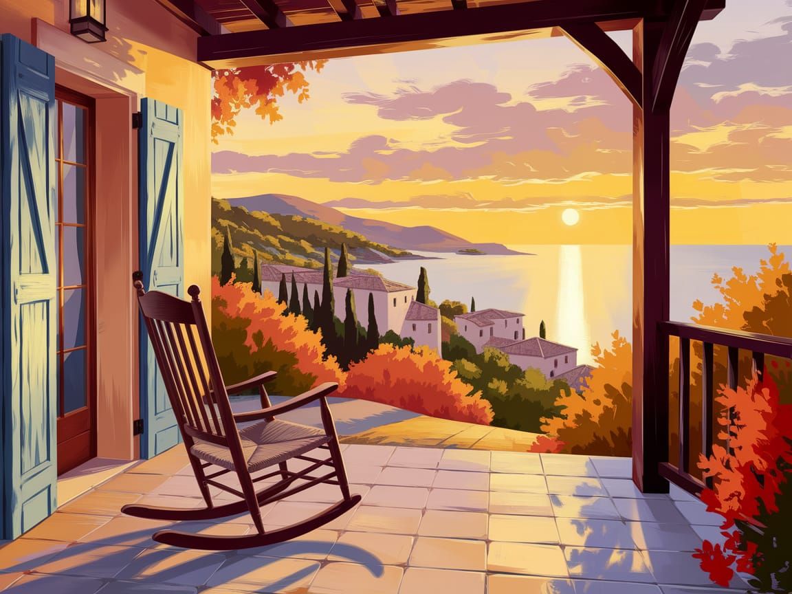 Veranda Sunset Seascape as Oil Painting