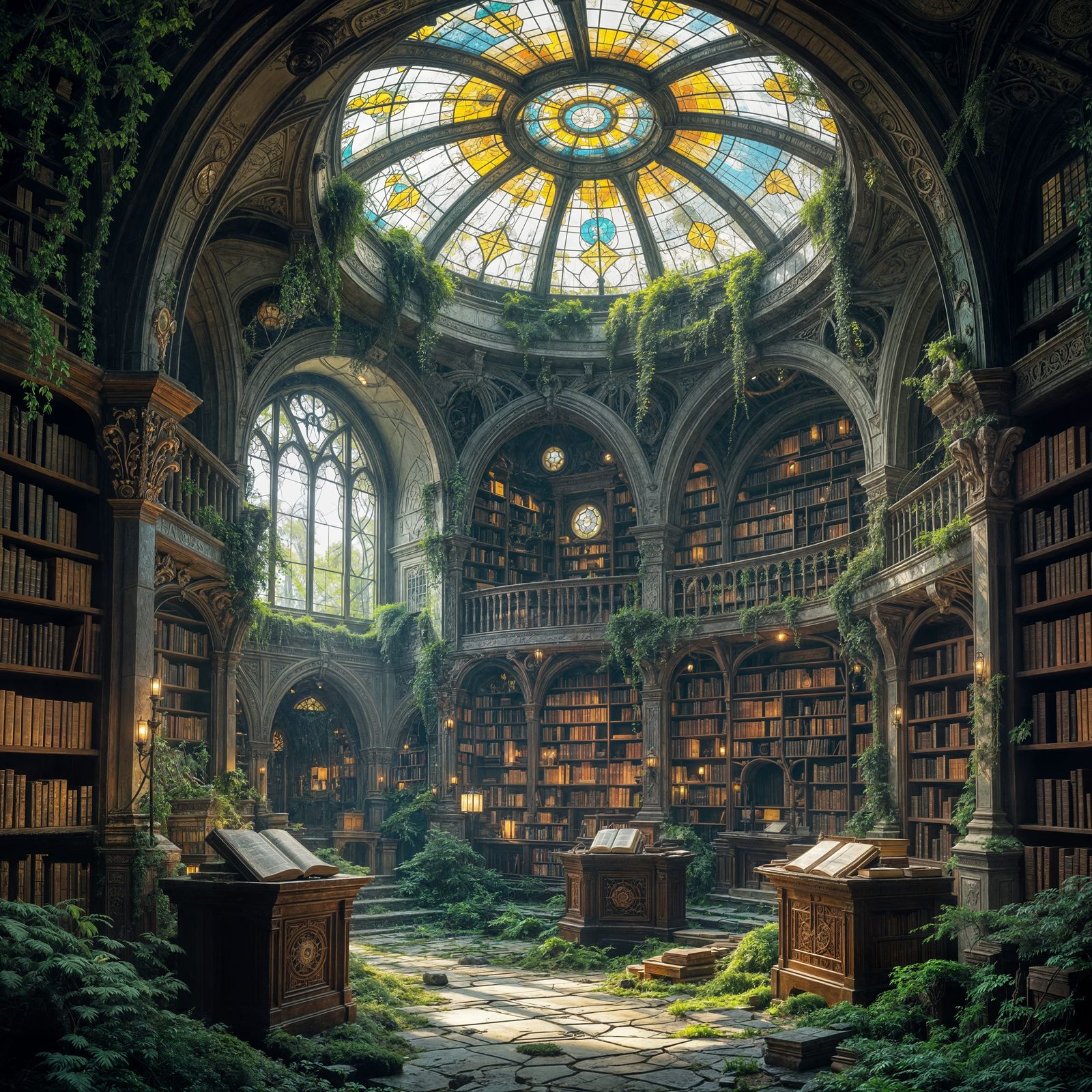 Mystical Forest Library: Sunlight Through Stained Glass