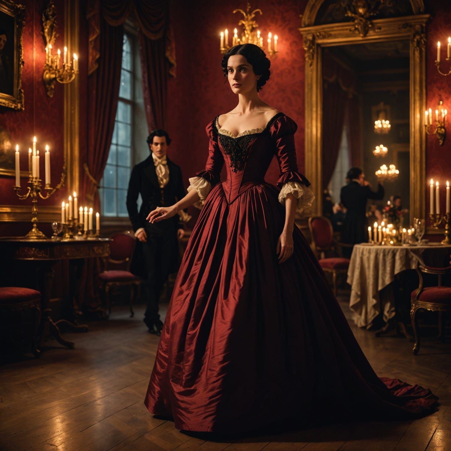 Elegant Woman in Red Ballgown in Candlelit Ballroom