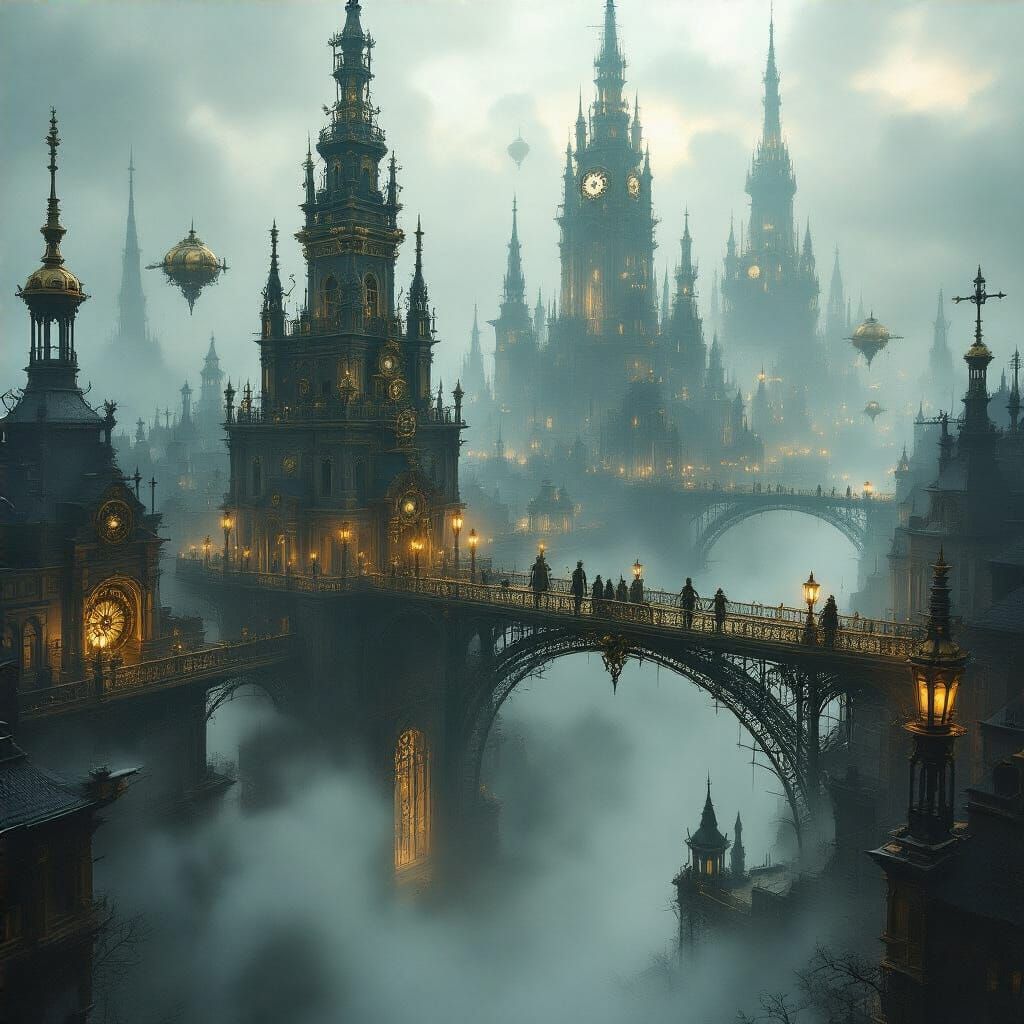 Steampunk City in Ethereal Fog with Clockwork Automatons