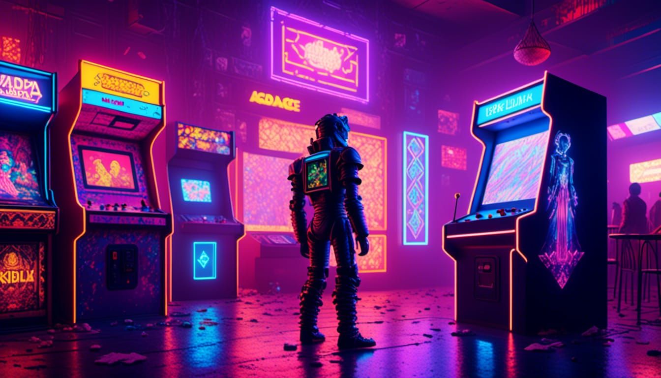 Robot Contemplates Arcade Machine in 80s Retro Scene