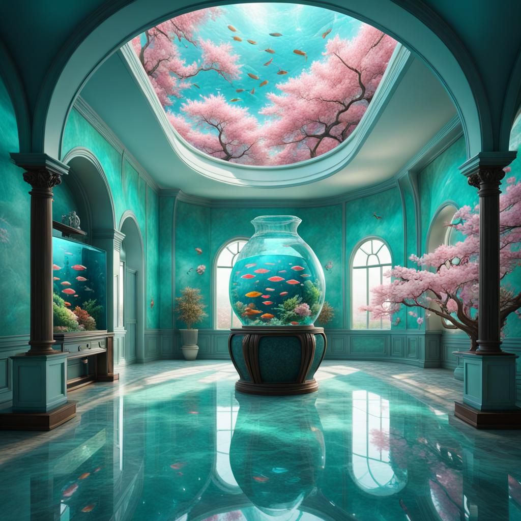 Futuristic Room with Aquarium in Hyperrealist Style