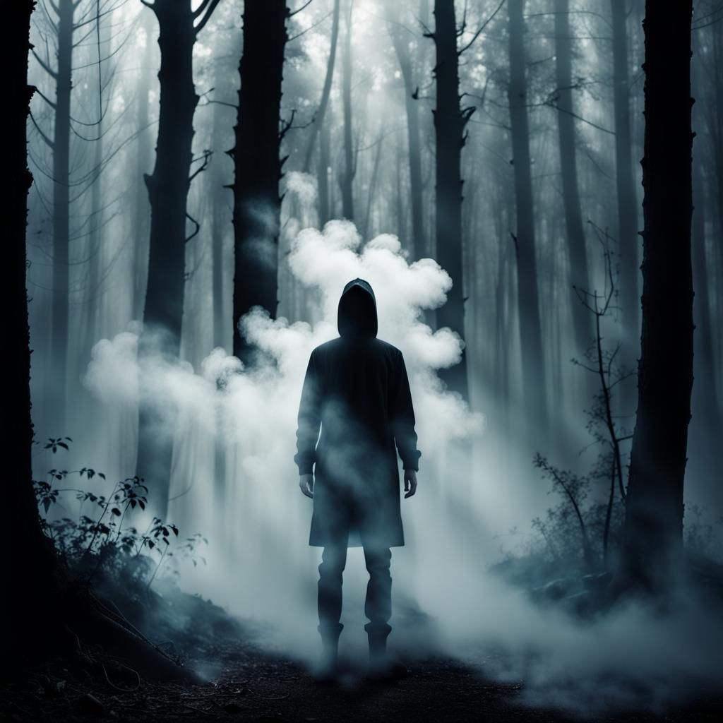Shadow Figure in Dark Forest with Mist