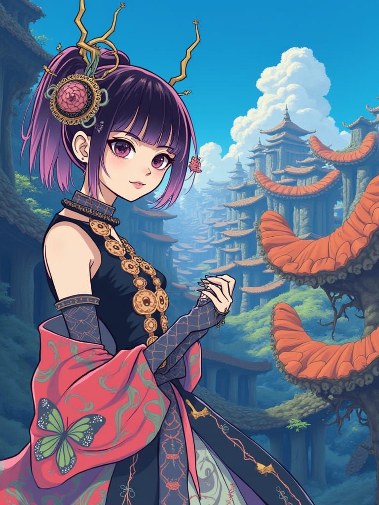 Figure in Intricate, Layered Attire, Set Against a Soft, Gra...