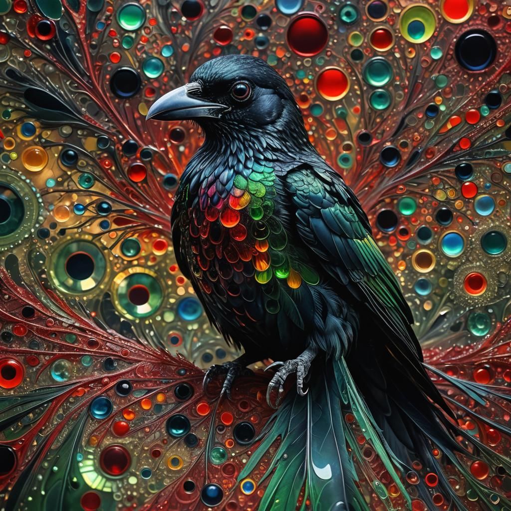 Surreal Crystal Crow in Fractal Pointillism