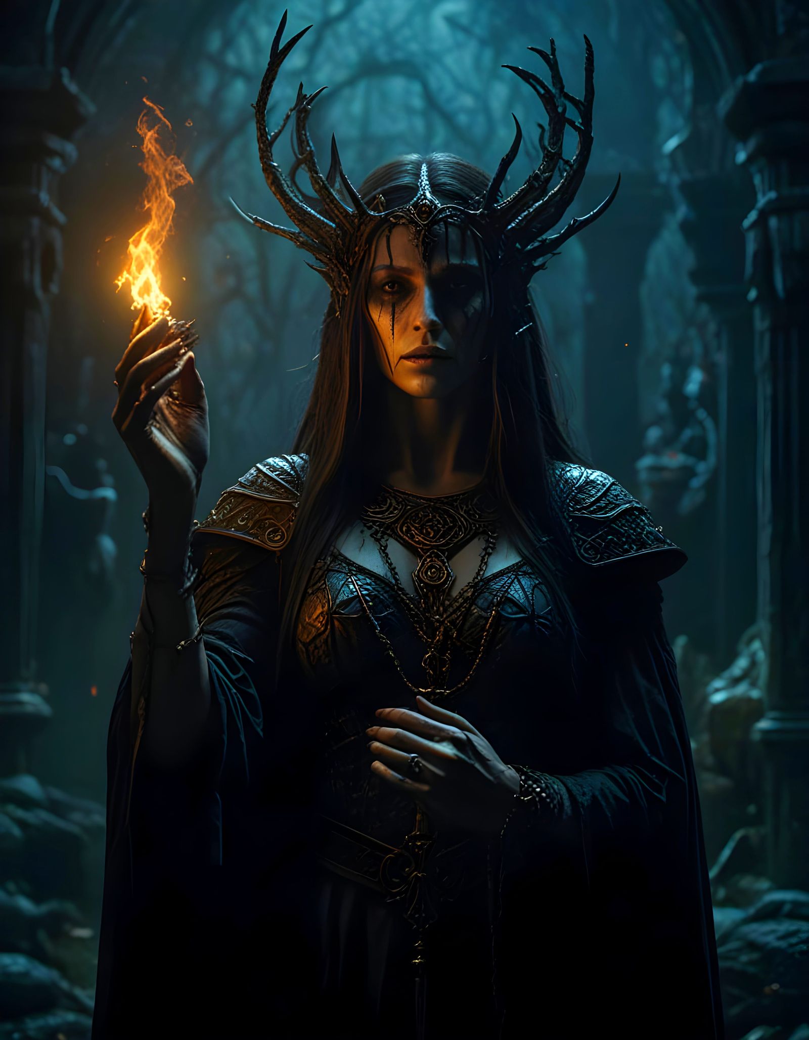 Powerful Necromancer Summoning Demons in Dark Realm