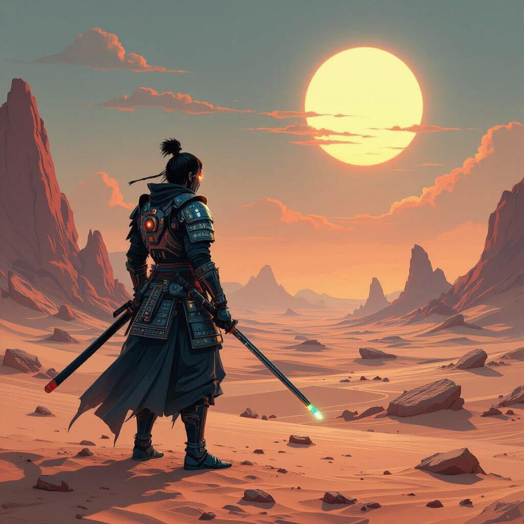 Cybernetic Samurai on Alien Planet in Sci-Fi Style