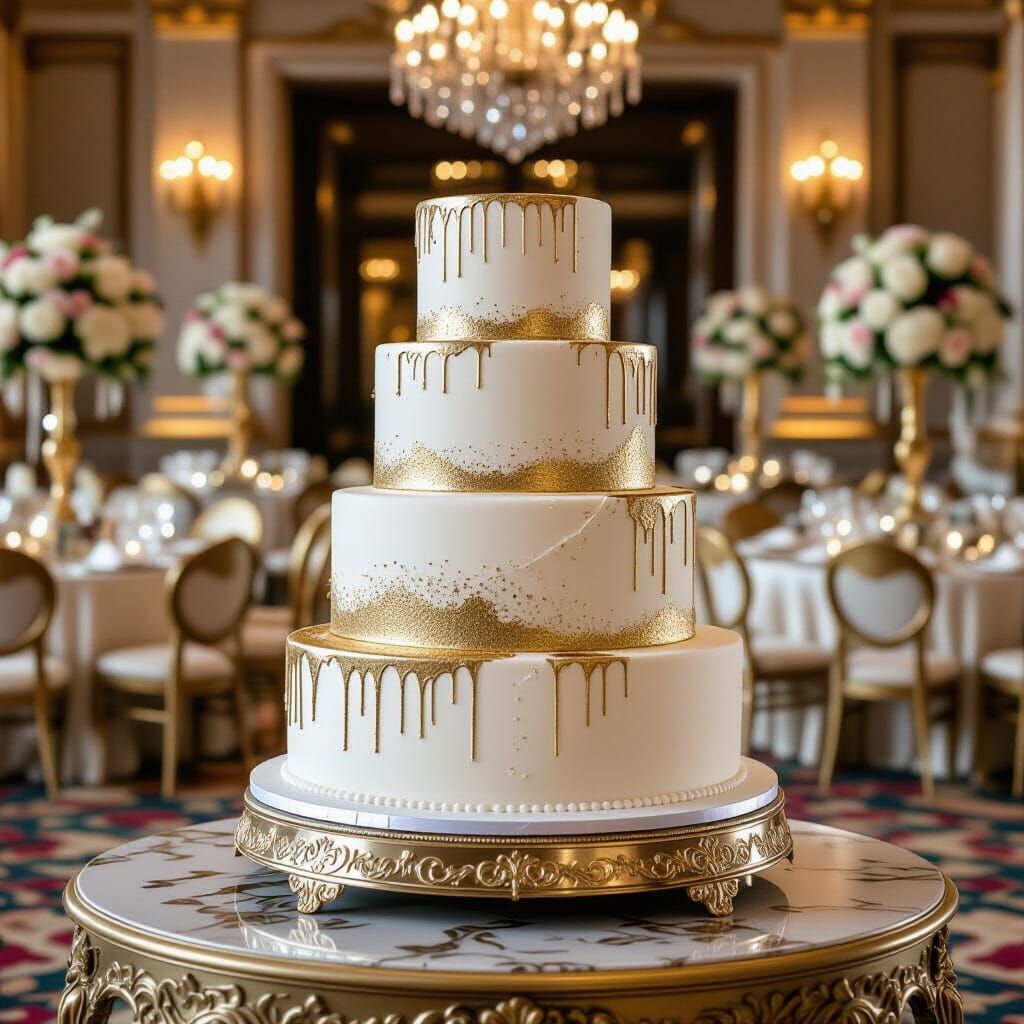 Elegant Gold Drip Wedding Cake, Hyperrealistic Style
