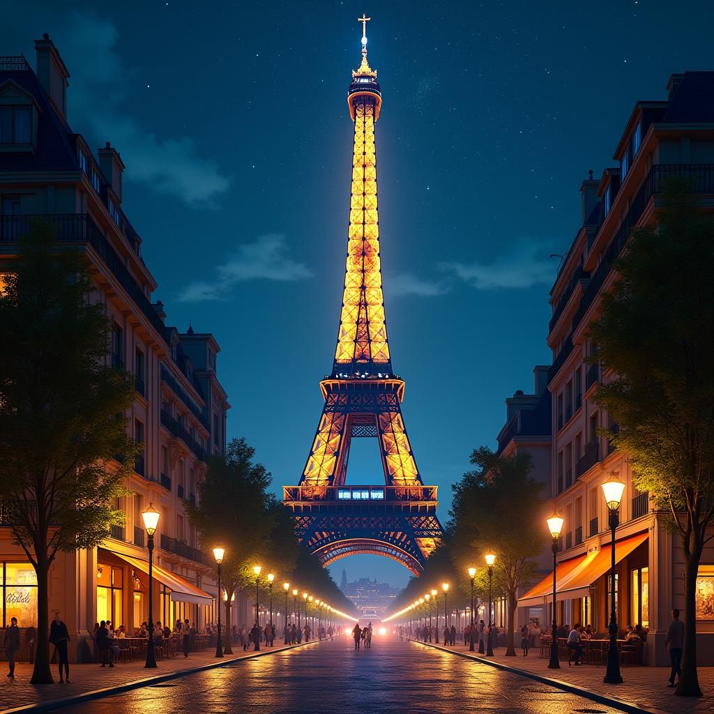 Eiffel Tower at Night as Fantasy Concept Art
