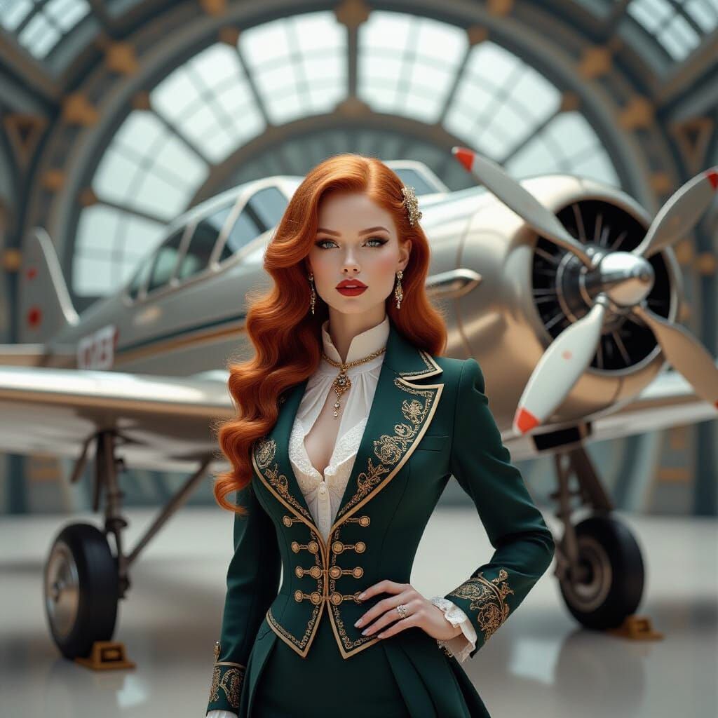 Baroque Model and Steampunk Biplane, Art Nouveau Style