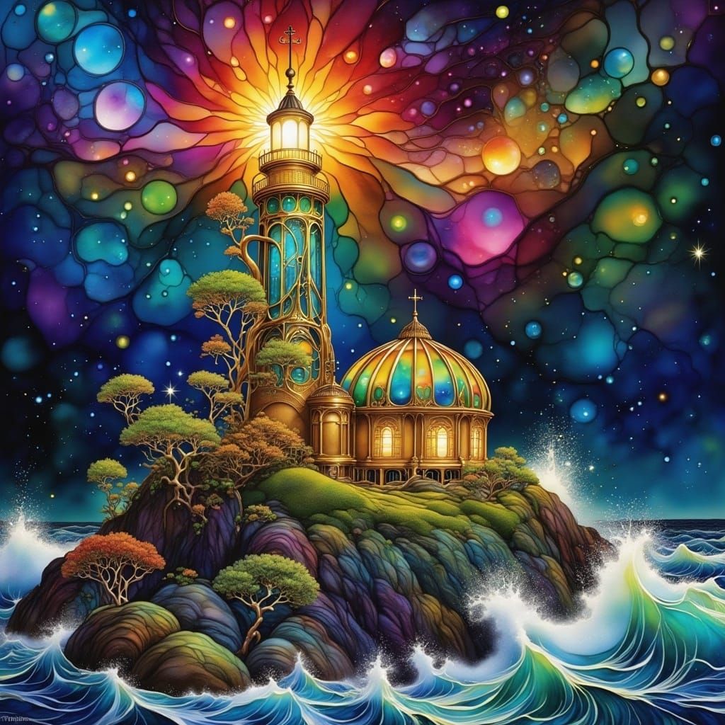 Golden Art Nouveau Lighthouse Shines Over Rainbow Sea