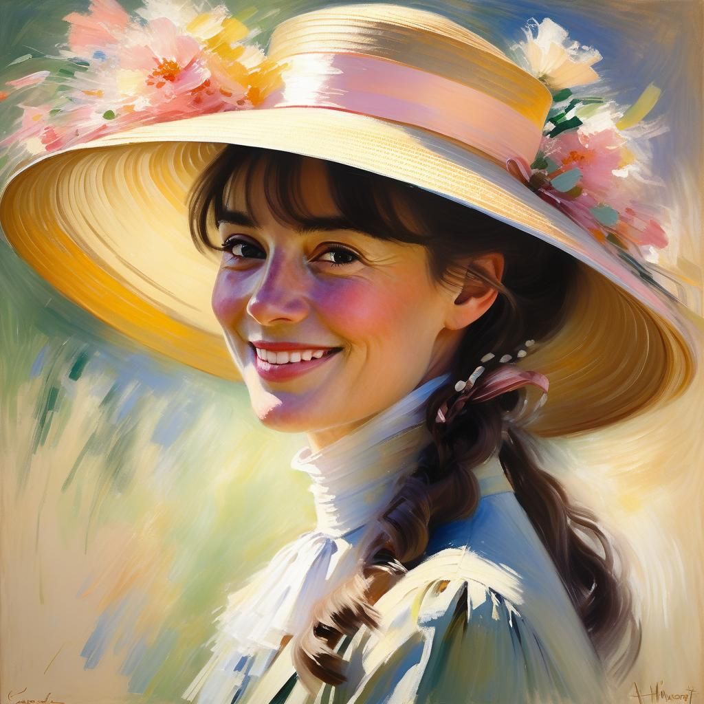 Impressionist Portrait of Woman in Floral Hat