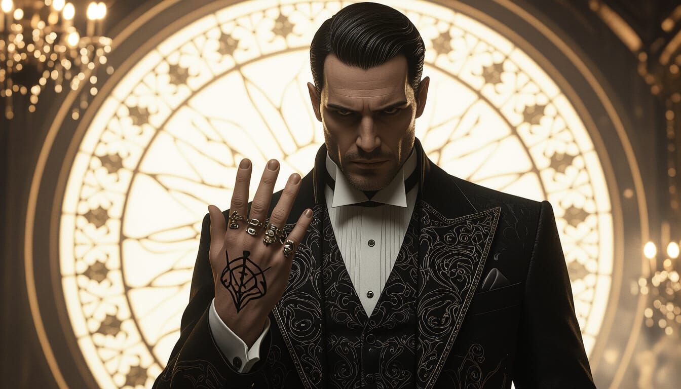 Troubled Man with Foreboding Symbols, Hyper-Realistic Style