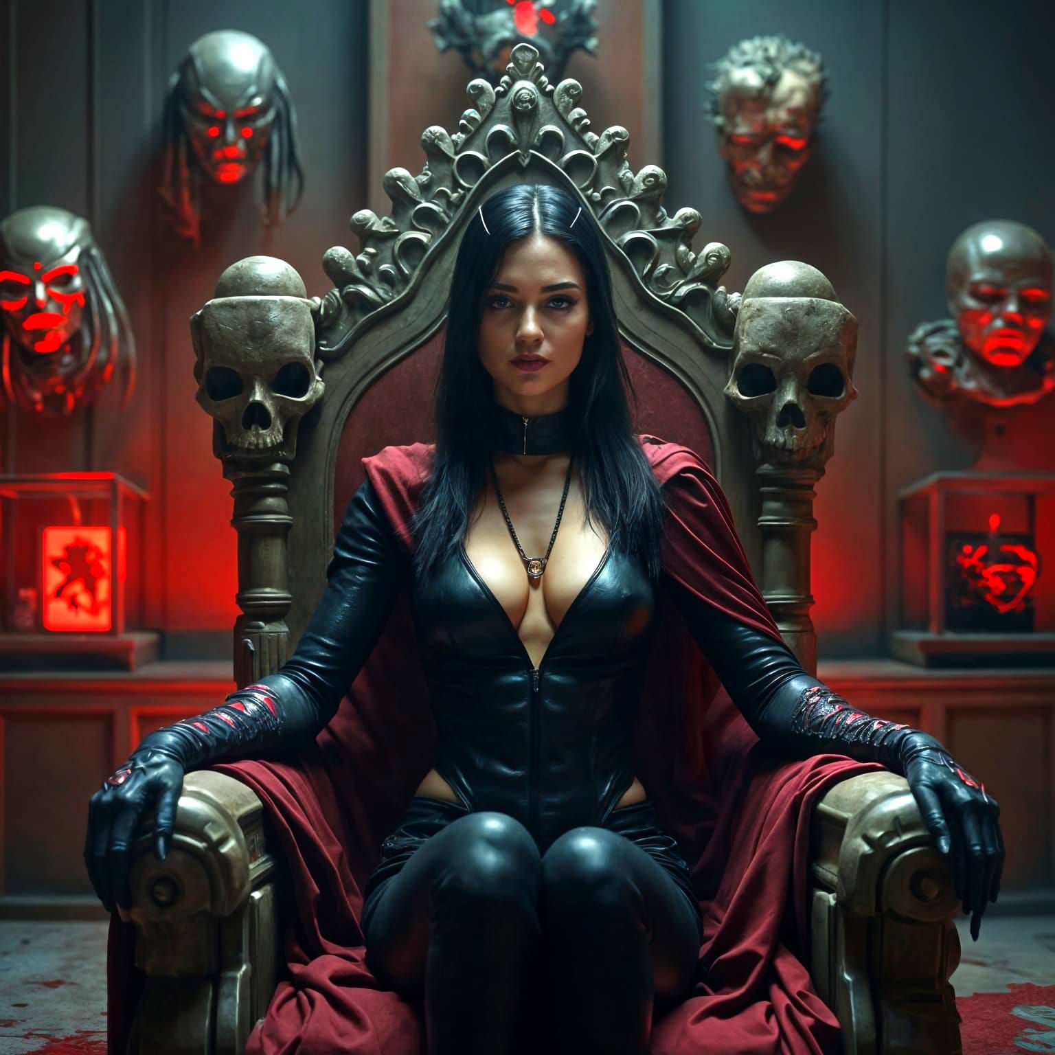 Female Supervillain Triumphant on Skull Throne