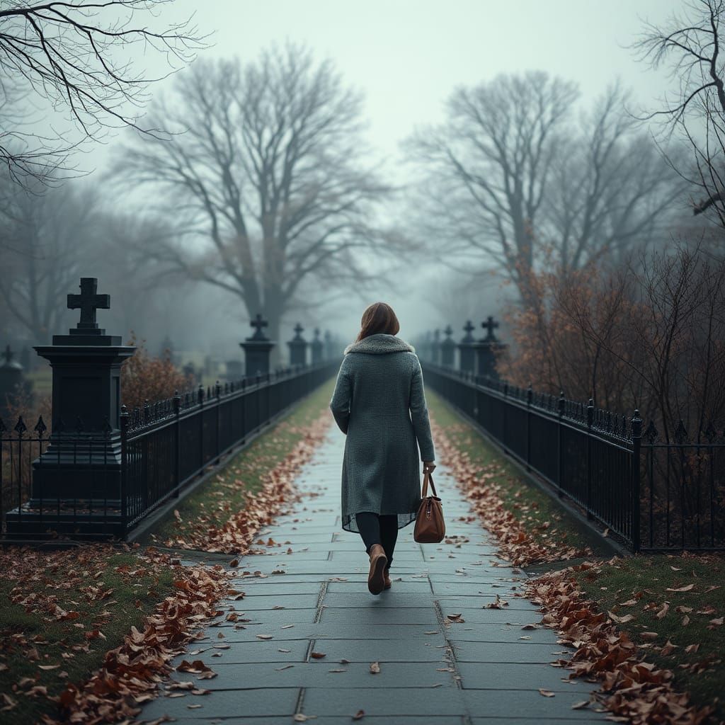 Melancholy Woman Walking in Autumn Cemetery