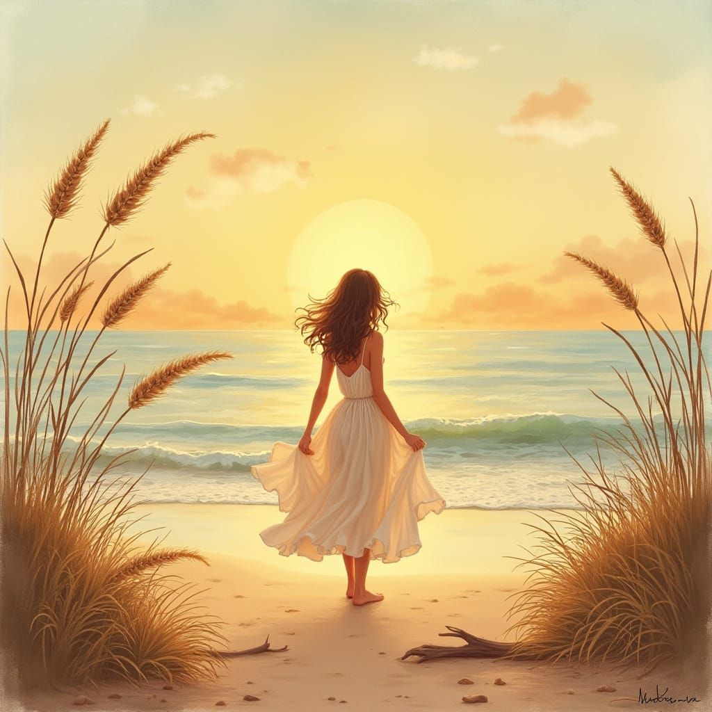 Woman on Beach at Sunset in Whimsical Style