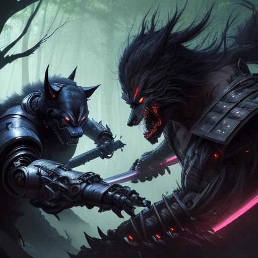 Robot Samurai vs Werewolf in Alien Forest