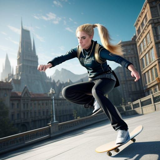 Girl with Ponytail in Vibrant Fantasy Skateboarding Scene