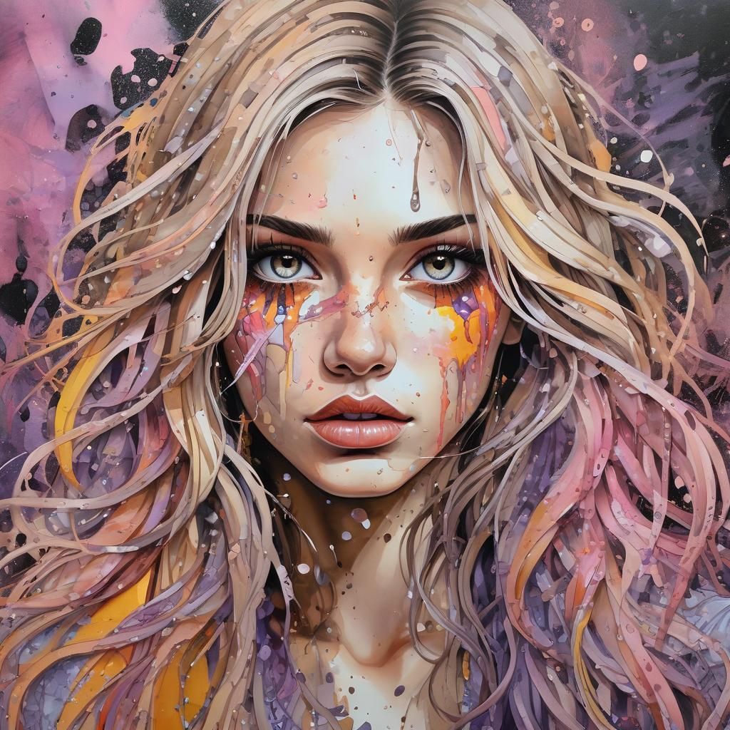 Beautiful Woman with Sparkling Eyes, Watercolor Graffiti Art