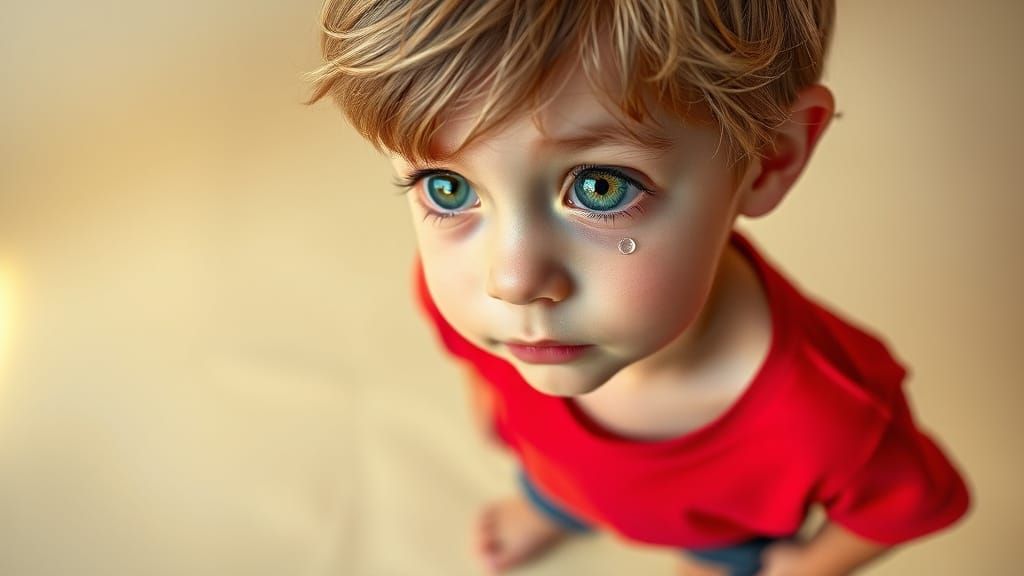 Boy Wipes Tear from Giant Eye: Poignant Photo