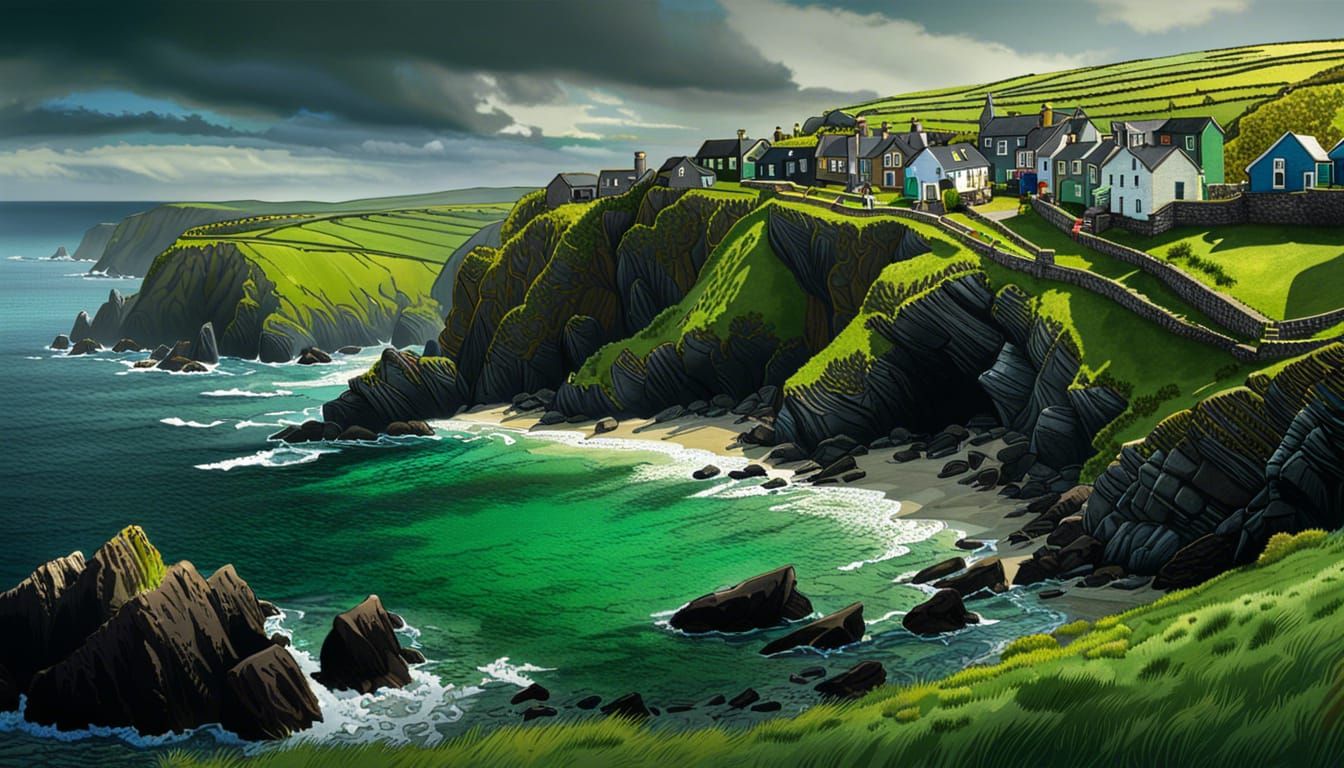 Ireland's Emerald Isle Coastal Village, Detailed Matte Paint...