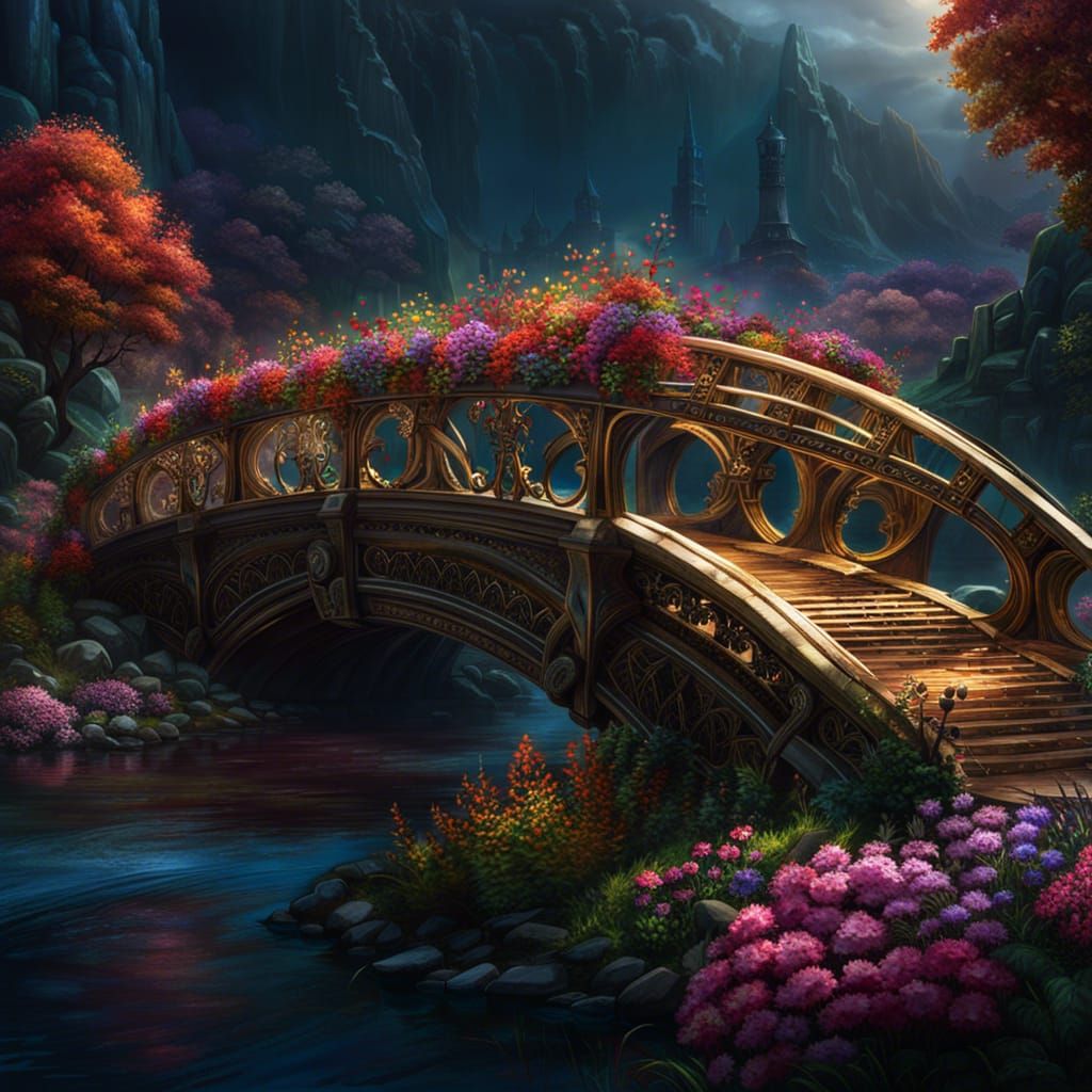Flowered Bridge: Fantasy Concept Art in Digital Style