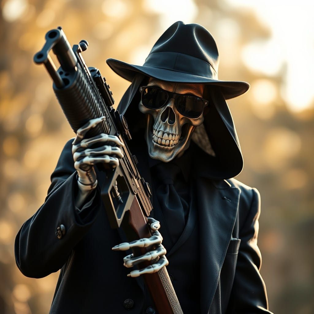Gritty Grim Reaper in Tailored Suit Holds Machine Gun