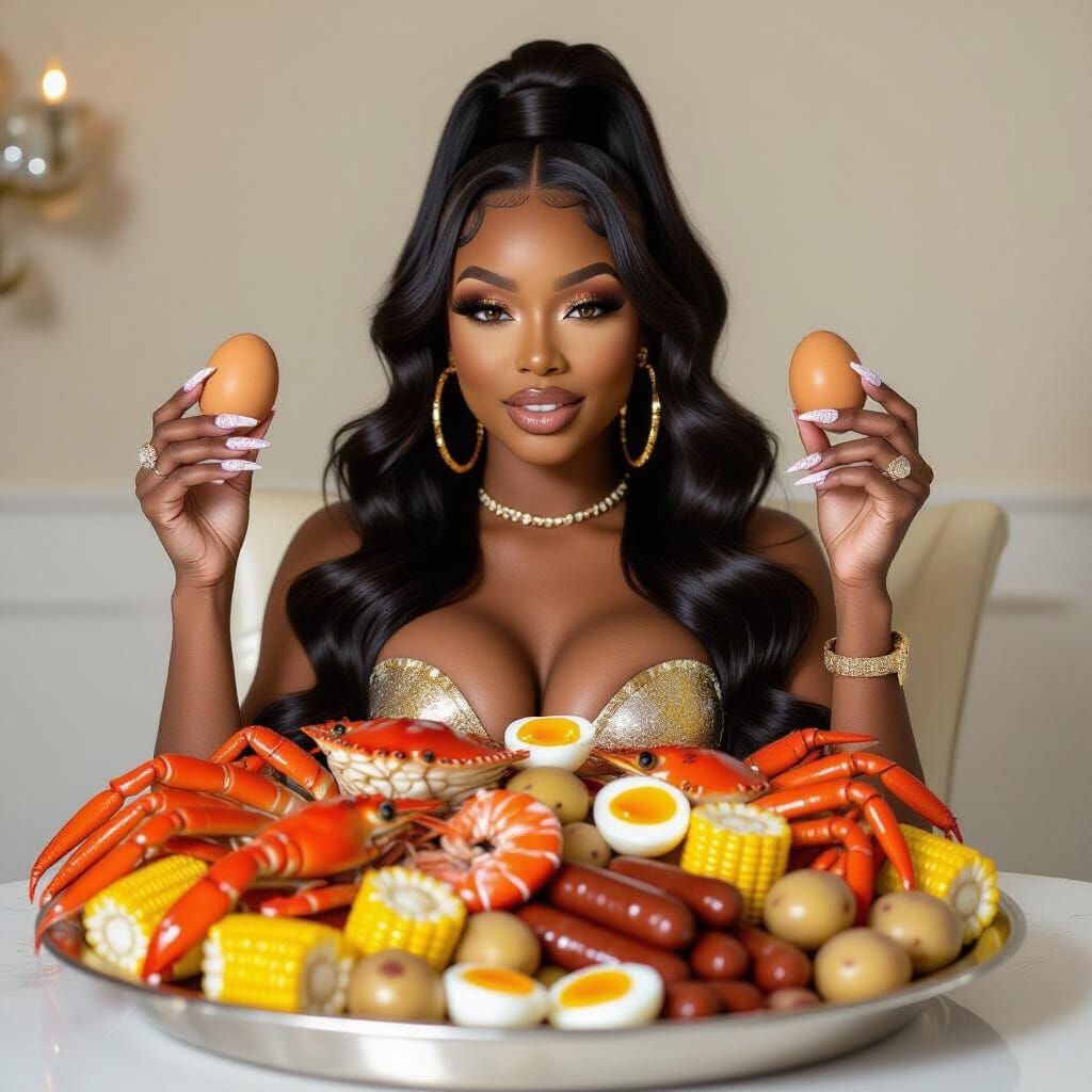 Glamorous Woman Enjoys Seafood Boil Mukbang