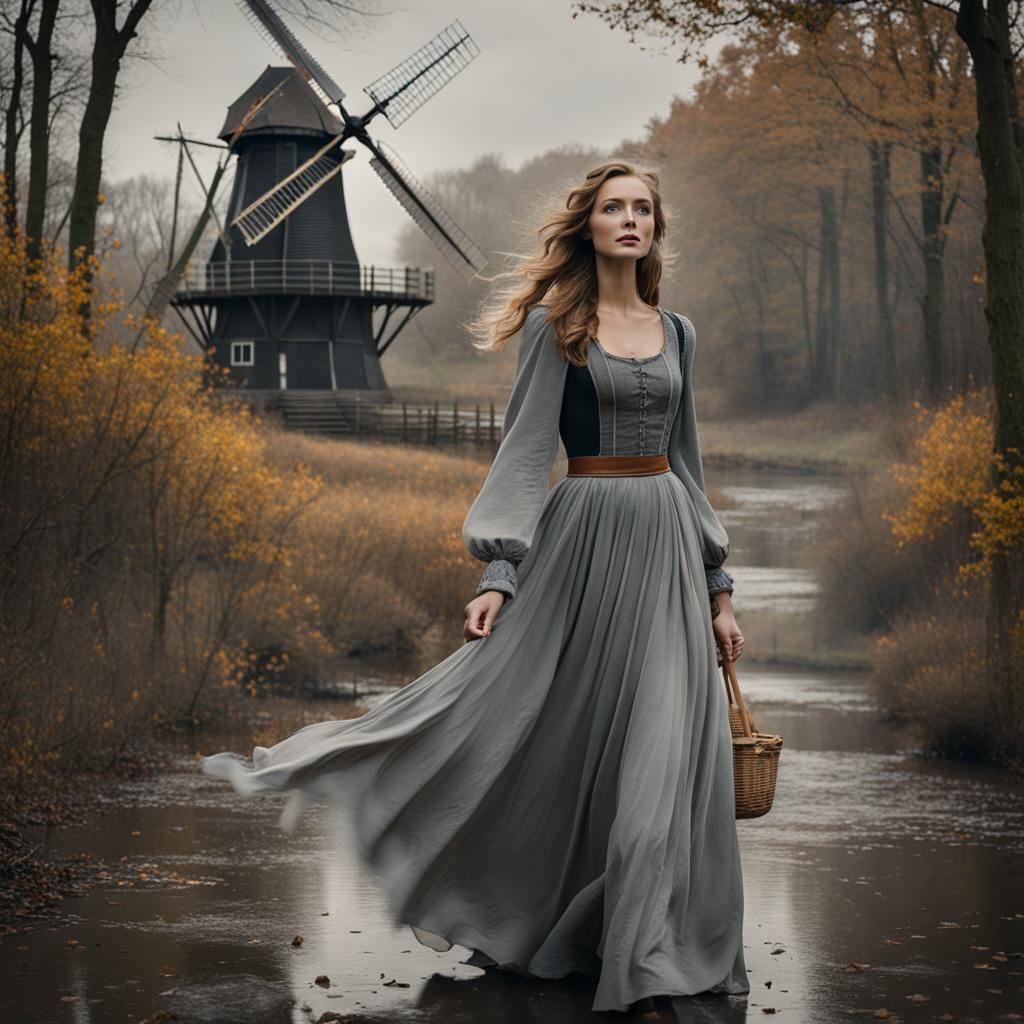 Maiden Emerges from Woods with Windmill