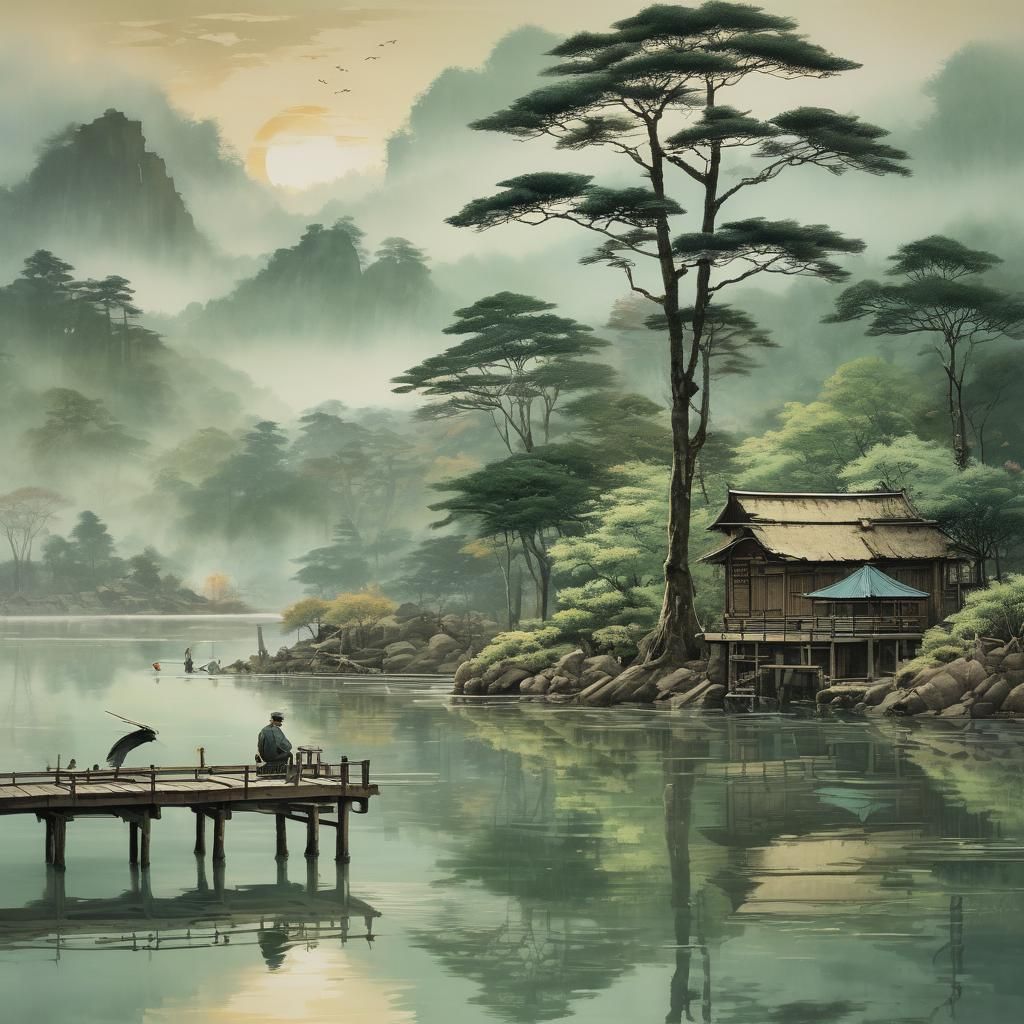 Sunrise Fisherman: Japanese Ink Painting Style